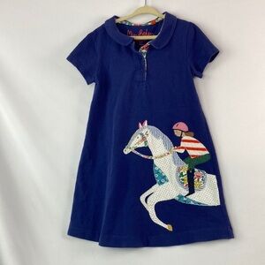 Mini Boden blue polo dress with horse and rider embroidered graphic 6/7